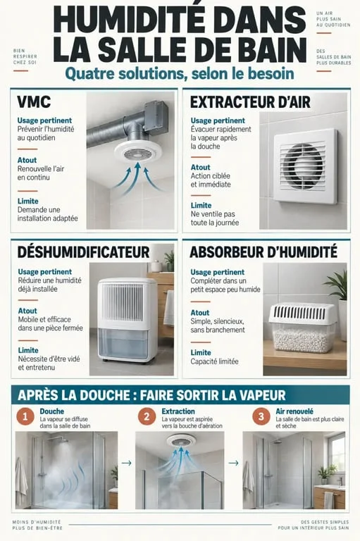 Infographie comparative des solutions contre l’humidité dans une salle de bain