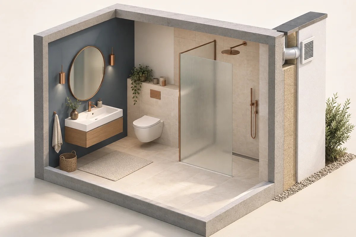 Maquette illustrative d’une salle de bains et d’un conduit de ventilation